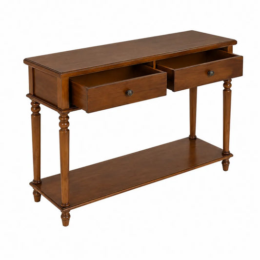 Console en bois de pin marron avec 2 tiroirs et étagère