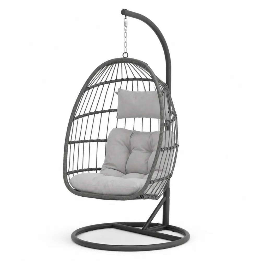 Fauteuil suspendu en métal gris avec coussins en tissu