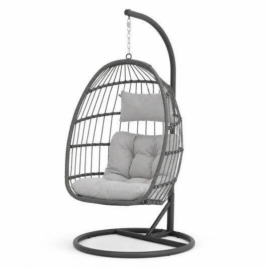 Fauteuil suspendu en métal gris avec coussins en tissu
