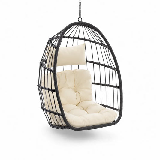 Fauteuil suspendu en métal noir avec coussins crème