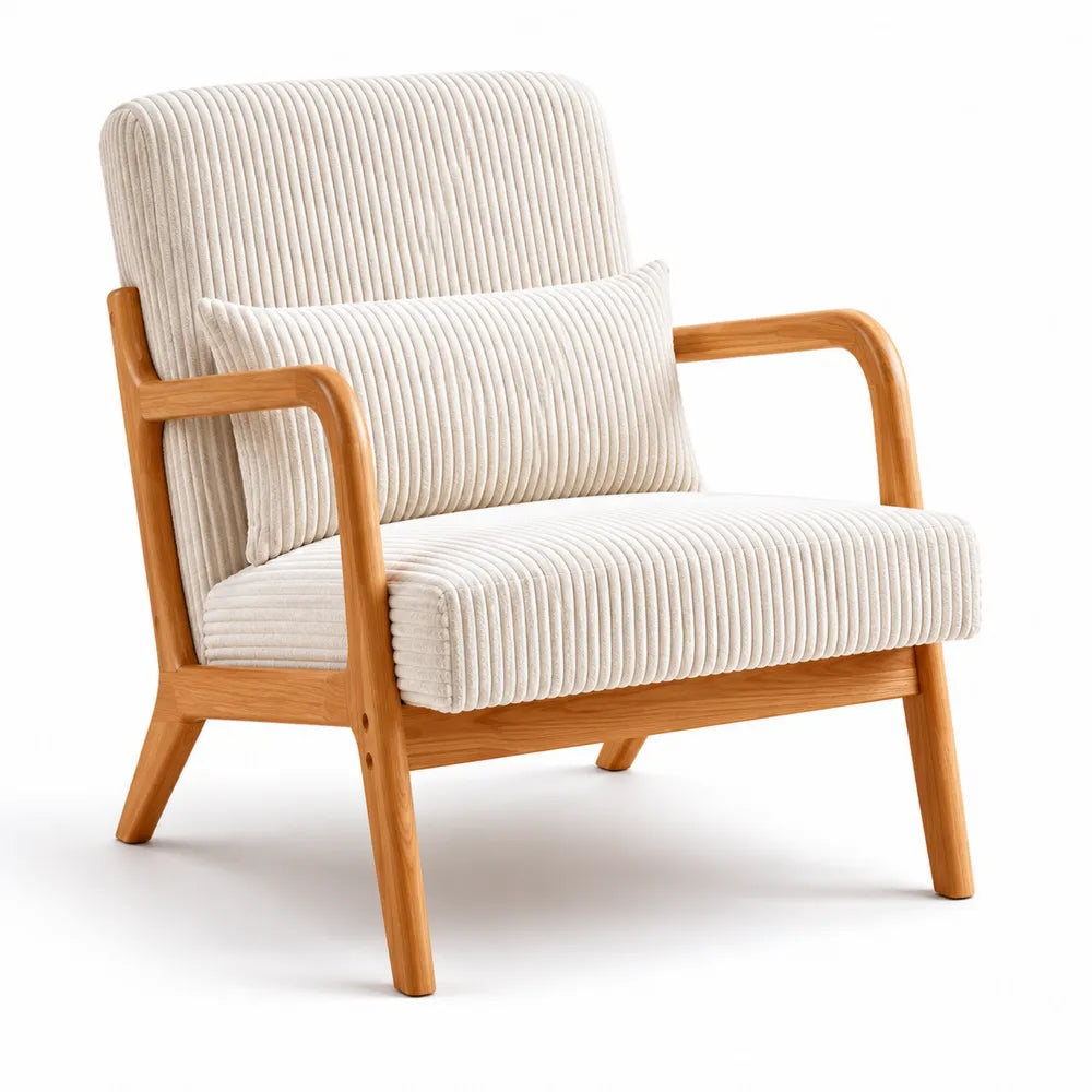 Fauteuil en bois avec tissu en polyester côtelé blanc