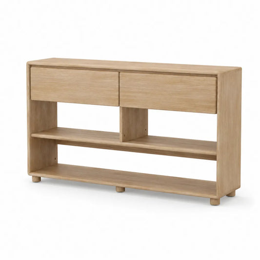 Console en bois de chêne avec tiroirs et étagères