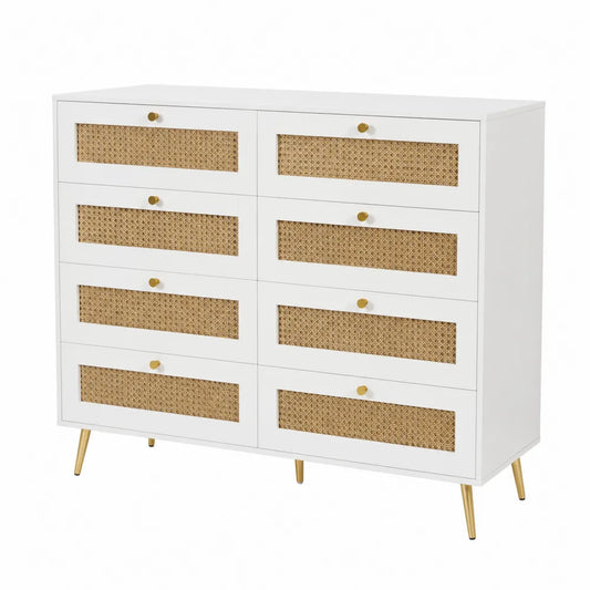 Commode en bois avec tiroirs en rotin et pieds en métal doré