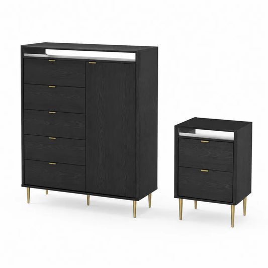 Ensemble de Commode en Bois Noir avec Pieds en Métal Doré