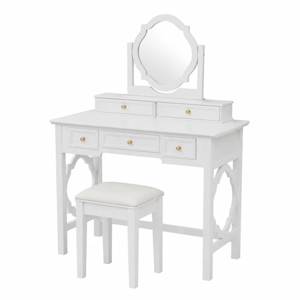 Coiffeuse en Bois Blanc avec Miroir Ovale et Tabouret