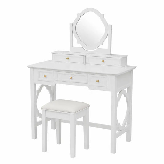 Coiffeuse en Bois Blanc avec Miroir Ovale et Tabouret