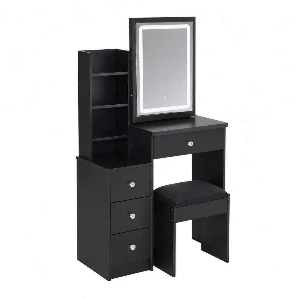 Coiffeuse en Bois avec Miroir LED et Tabouret Noir
