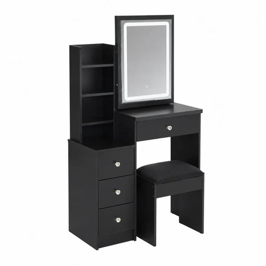 Coiffeuse en Bois avec Miroir LED et Tabouret Noir